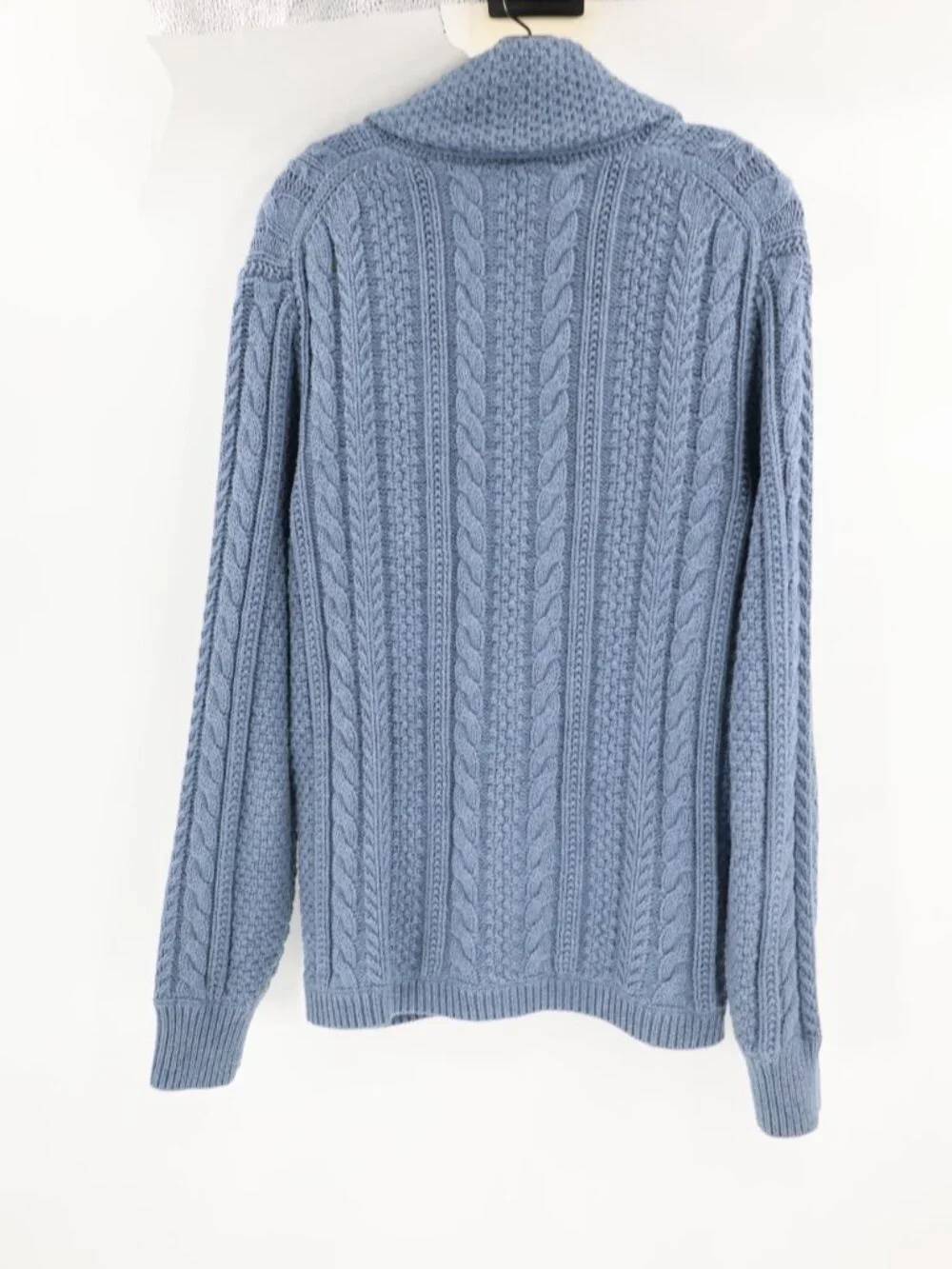 J Crew Cardigan Men Large Cable Knit Shawl Neck Button front Sweater Blue pocket